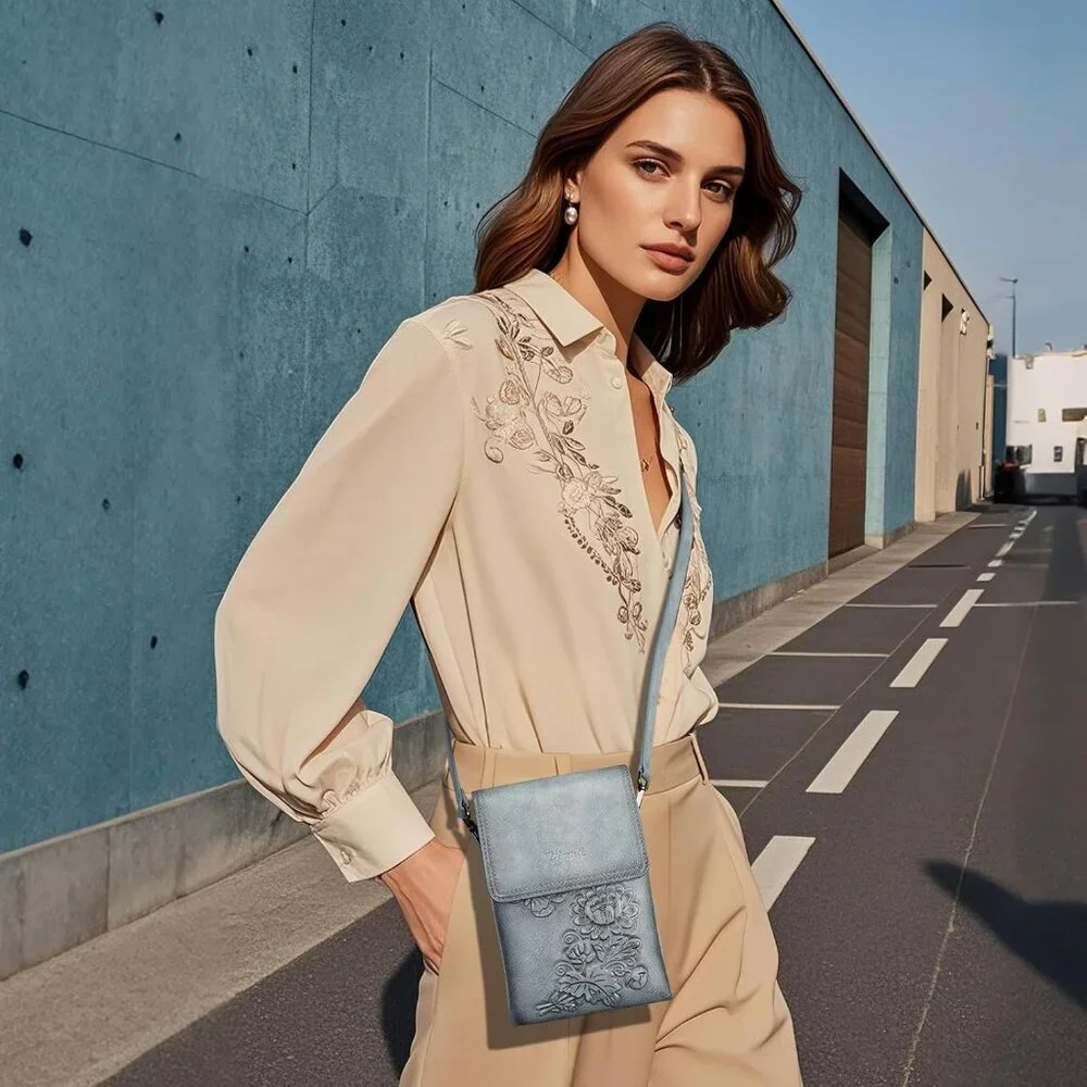 Small Vegan Leather Crossbody Bag with Floral Embossed Design for Women